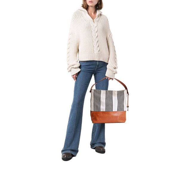 Fossil Stripe Textile Leather Trim Shoulder Handbag - Picture 1 of 14